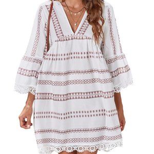 Khaki Vintage Print V Neck Lace Stitching Loose Dress